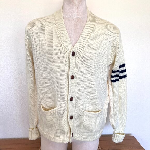 80's Collegiate Cardigan - Vanilla & Navy - Large - Unisex - Gender Neutral - Picture 3 of 9